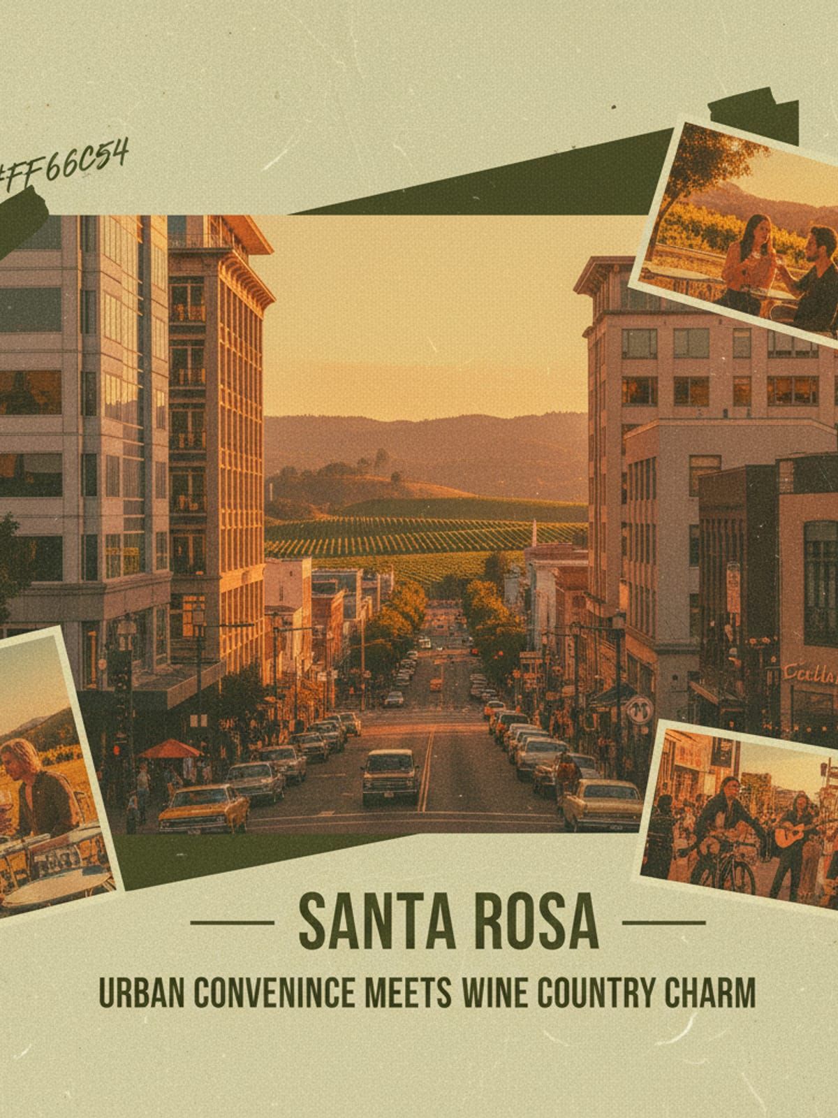 Downtown Santa Rosa with vineyards in background