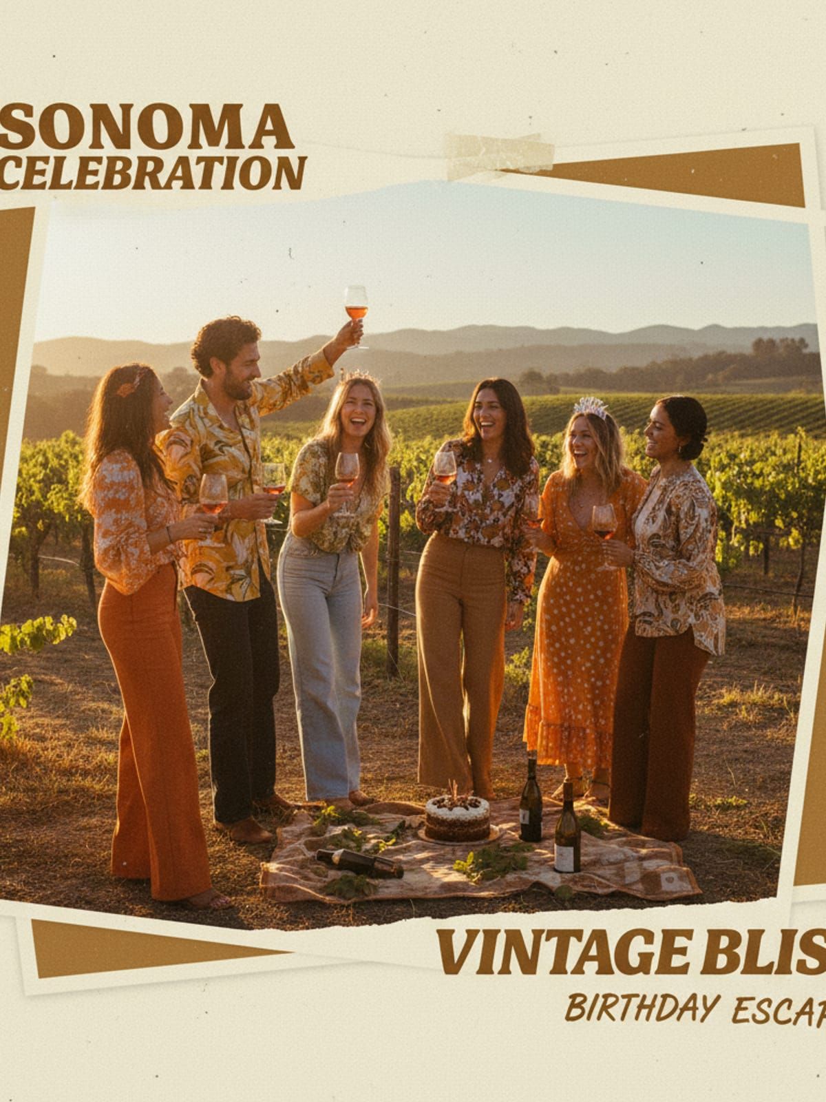 Friends celebrating birthday in Sonoma vineyard