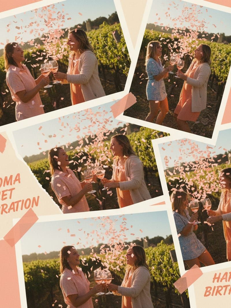 Birthday celebration with wine glasses and confetti in Sonoma vineyard