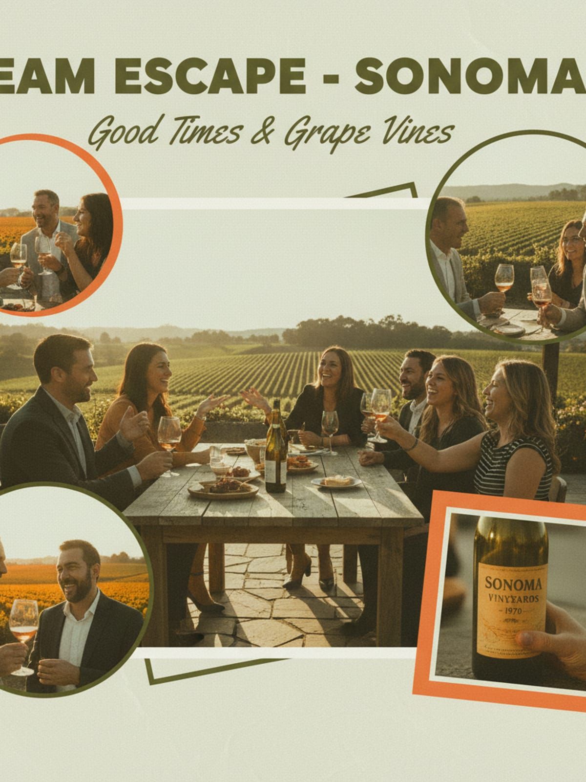 Corporate team relaxing and bonding over wine in Sonoma