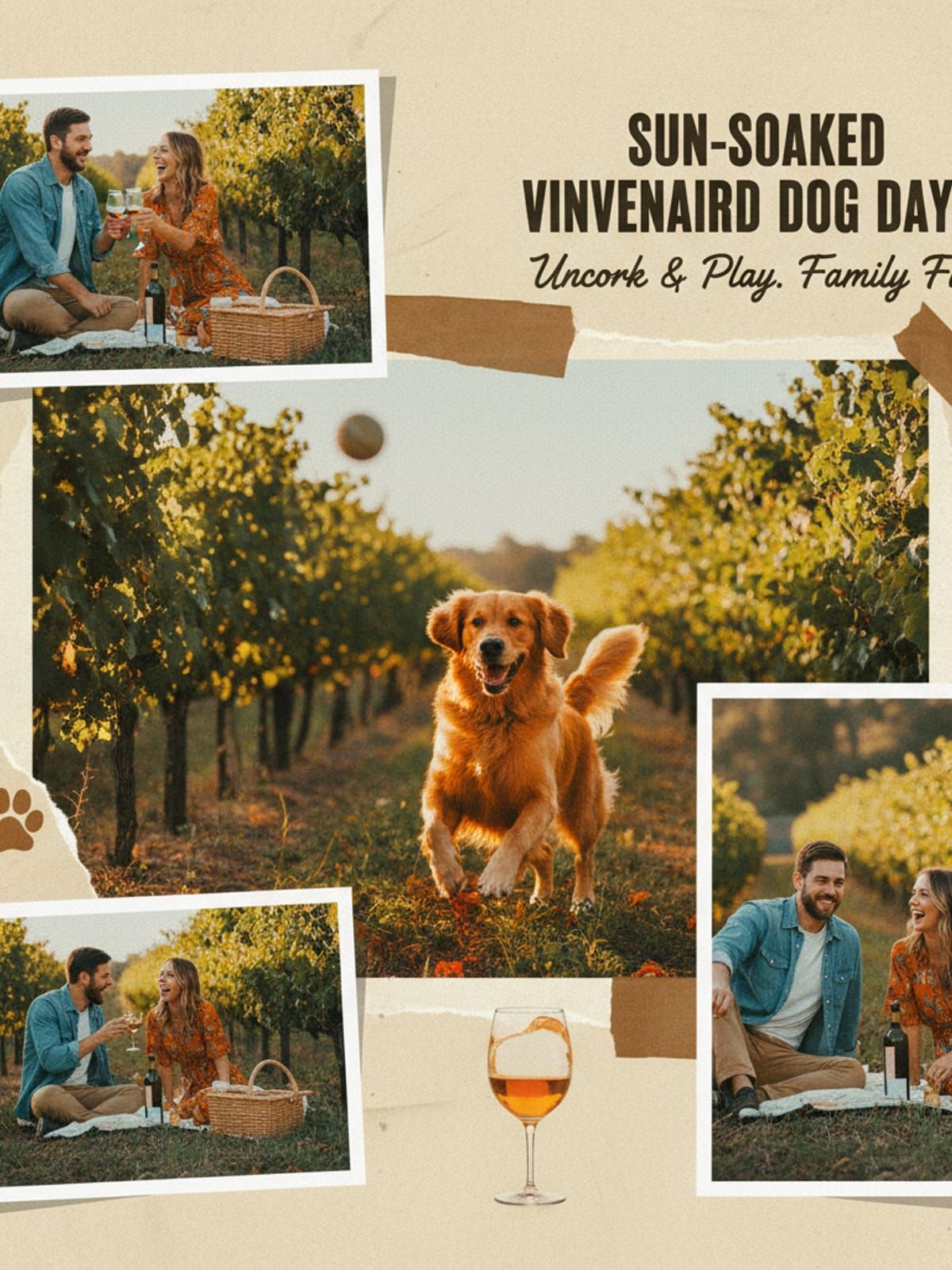 Happy dog playing in vineyard with owners enjoying wine