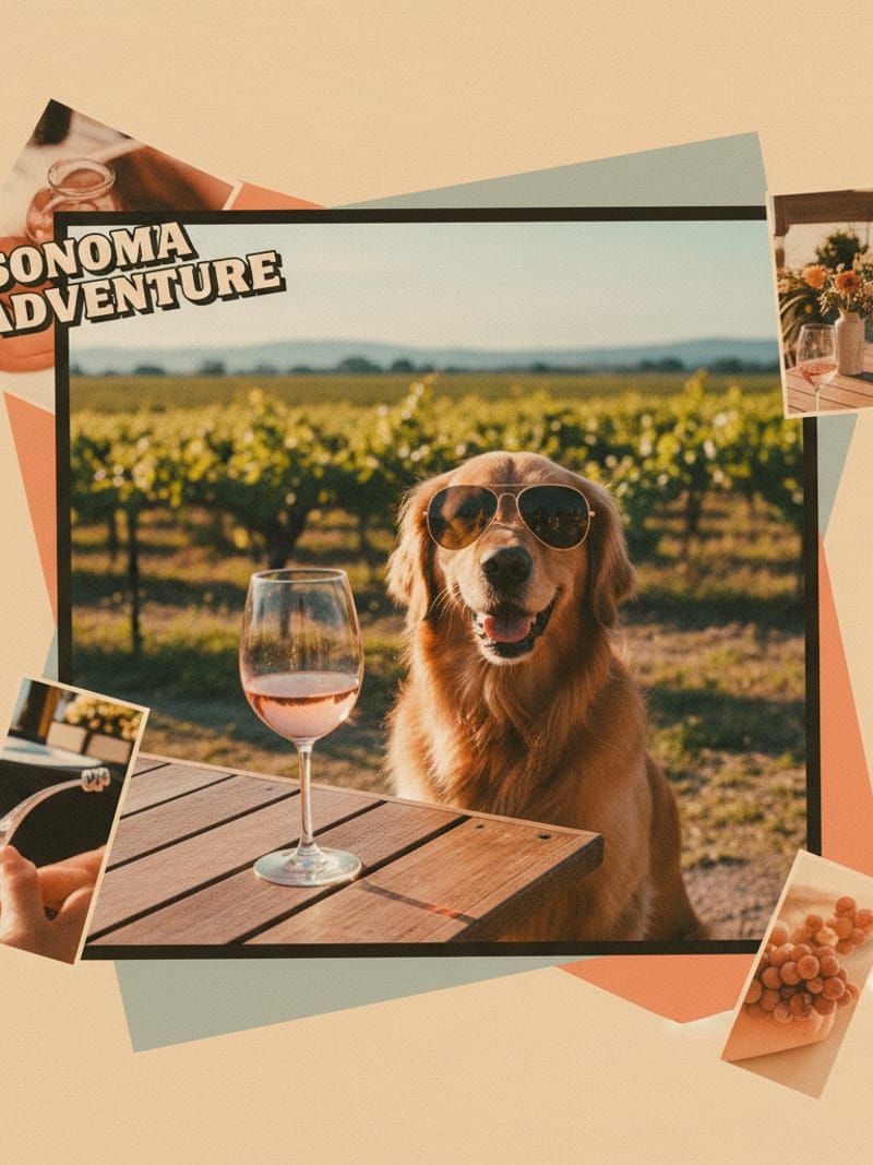 Golden Retriever with sunglasses next to wine glass in Sonoma vineyard