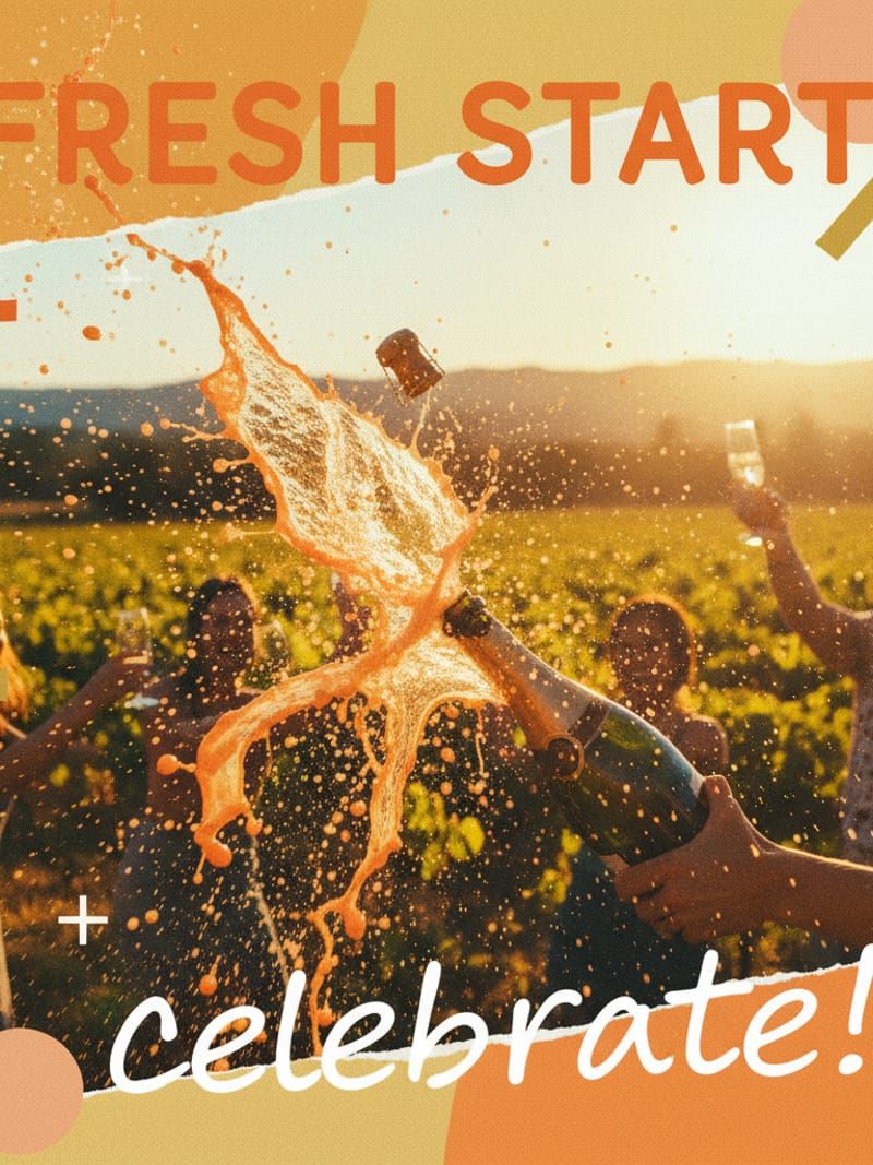 Champagne bottle popping with celebration energy in vineyard