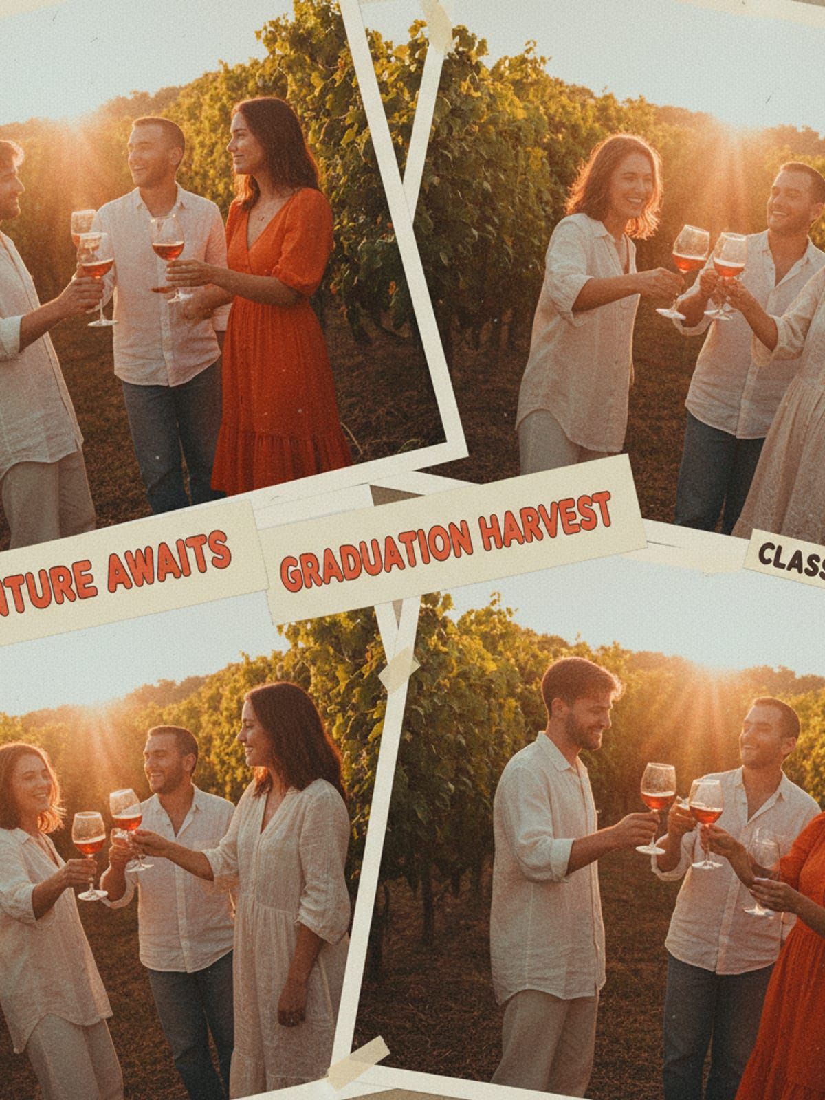 Graduates celebrating with wine glasses in vineyard